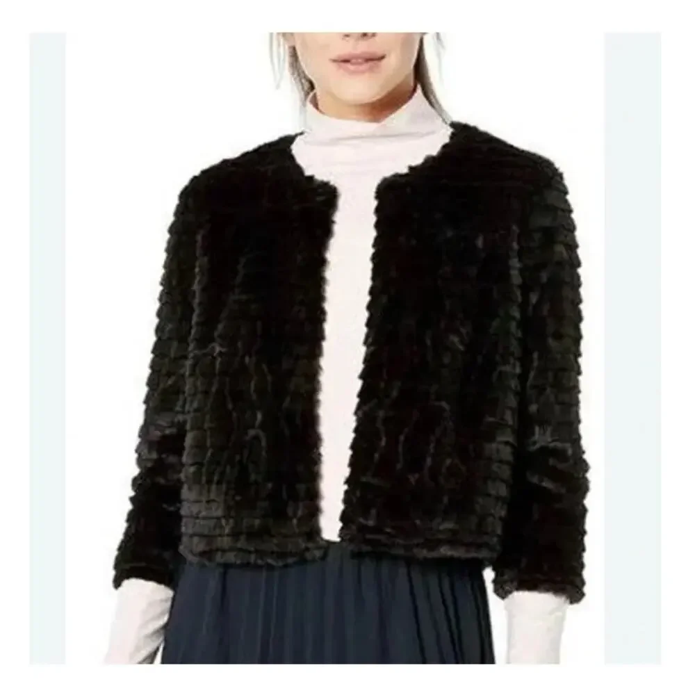 Calvin Klein Black Faux Fur Coat Plush Crop Layering Versatile Jacket Medium